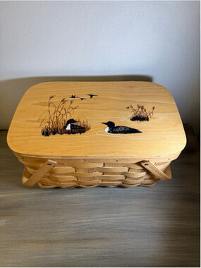 vintage Basketville picnic basket hand-painted loon scene wooden lid cottagecore